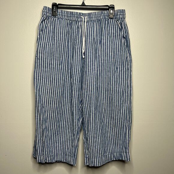 BeachLunchLounge Wide Leg Capri Blue White Striped Linen Blend Size L Drawstring - Picture 2 of 10